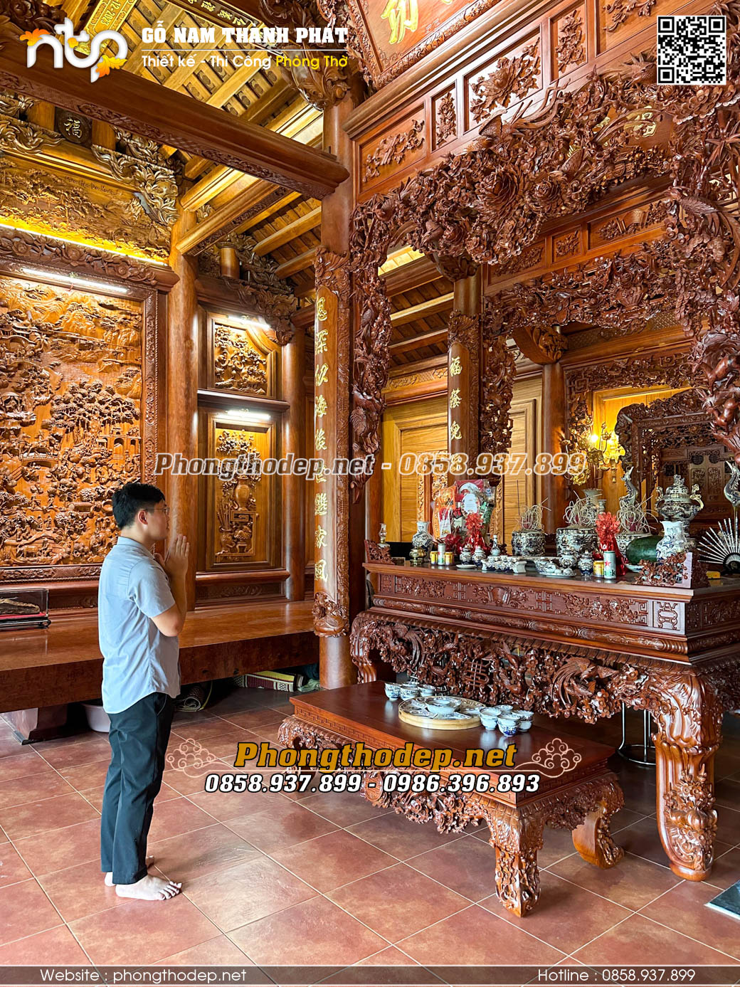 Mẫu nhà gỗ 3 gian lim lào thi công đục tay tinh xảo tại Thanh Hoá